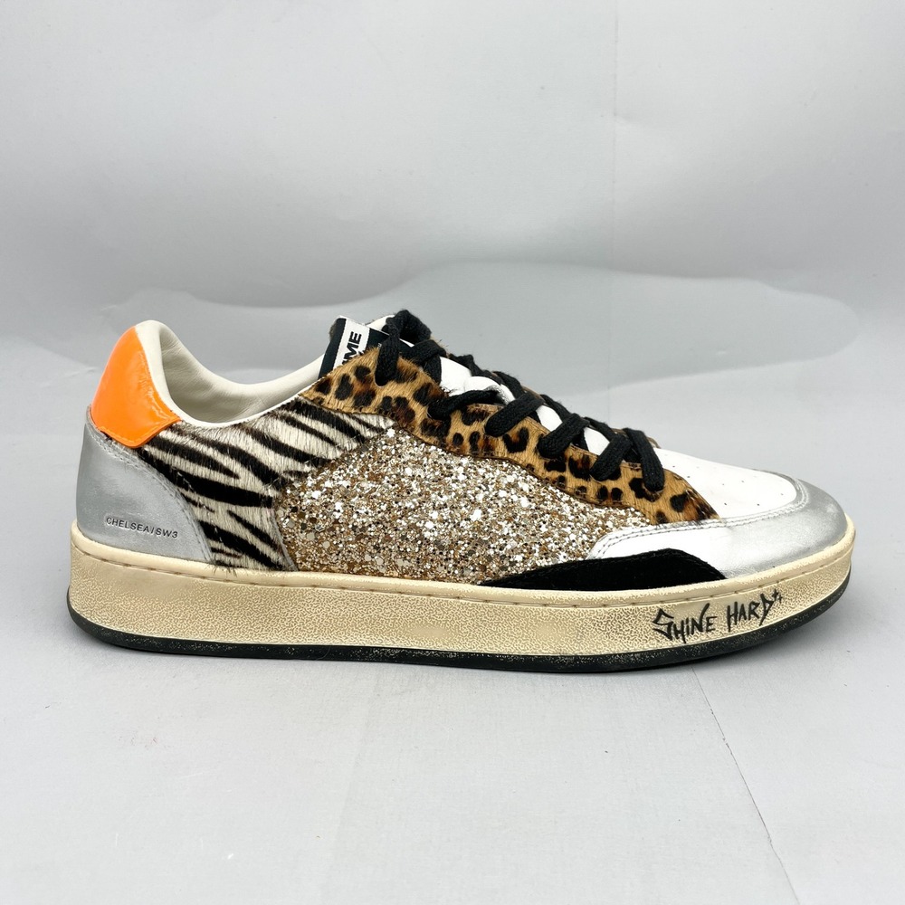 Crime London Chelsea SW3 Sneakers Womens 41 9 Animal Print Glitter Distressed